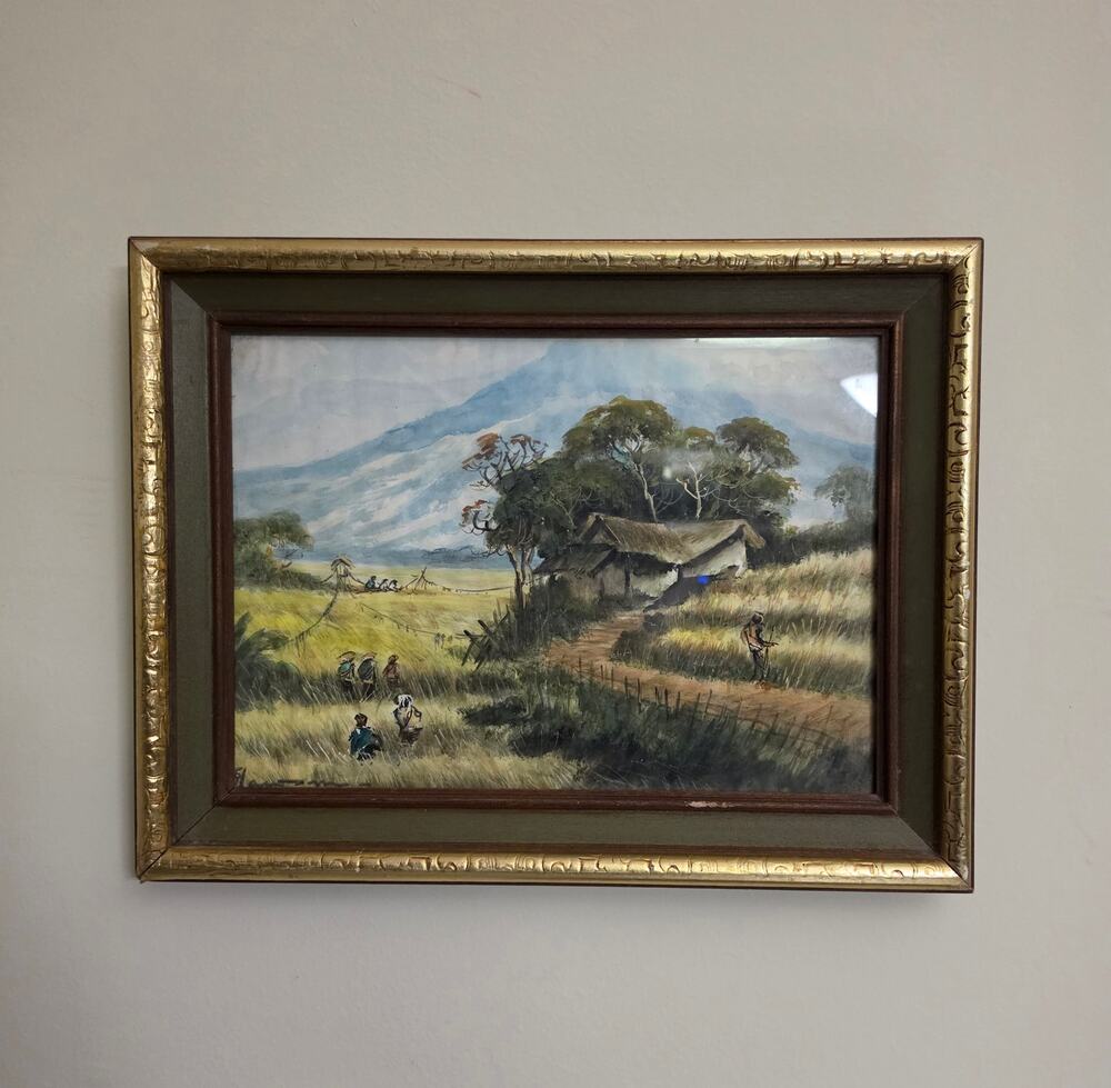 VNTG  Indonesian Rice Paddy Landscape Watercolor Painting Gold Gilt Framed Art